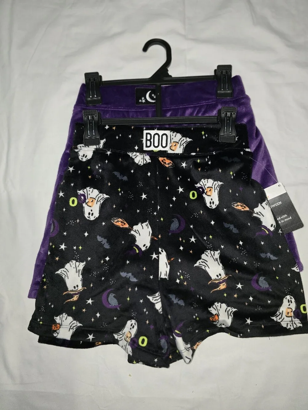 2pk Halloween Soft Velvet Black Spooky Ghost/Purple Moon & Stars Shorts